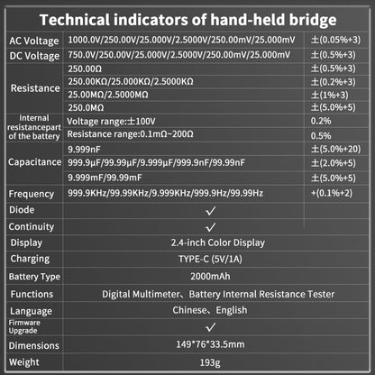 Battery Internal Resistance Tester 2 in 1 multimeter Battery Voltage Meter Car Battery Tester for AAA AA Model 0.1mΩ-200Ω
