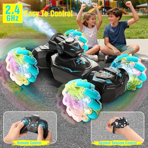 Gesture Sensing Remote Control Car, RC Cars Toys for Boys Age 6-12, 4WD Hand Controlled Twist & Transform 360° Spins Stunt Car with Mist, Light & Music, 8-10 Year Old Boys Birthday Gift Blue - color: Blue