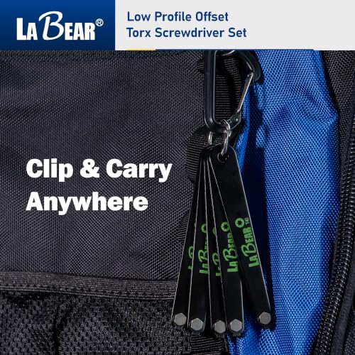 5-Piece EDC Low Profile Offset Torx Screwdriver Set, T20-T40 | S2 steel Torx bit sections, 90° offset access, carabiner carry, compact EDC storage, low-clearance repair, T20-T40 sizes - size: TORX