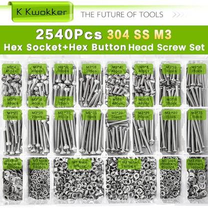 2540Pcs M3 Screws 4MM to 35MM, Socket Head & Button Head Screws, 304 Stainless Steel Assorted Nuts and Bolts Assortment Kit M3 Screw Kit with Nuts, Washer and Lock Washers - size: J. M3