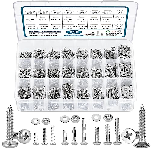 SATANTECH 845pcs Nuts and Bolts Assortment kit,Stainless Steel Bolts and Nuts kit, Assorted Screws #6-32#8-32#10-24 SAE Machine Screws and Nuts with Self Drilling Screws - color: Machine Screws + Self Drilling Screws
