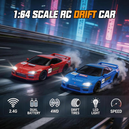 1/64 Scale Mini RC Drift Car, 60 Mins Playtime 2.4GHz Remote Control Car with 2-Speed Modes & LED Lights, Micro 4WD RC Stunt Race Car, (Black) - color: Black