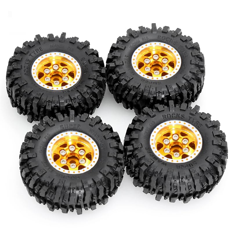 1.0"RC Aluminum Beadlock Wheel and Crawler Tires set (w/Foam Inserts Fit) 7mm Hex for 1/18 1/24 RC Crawler car Axial 90081 AX24 FCX24M FMS SCX24 (R246)