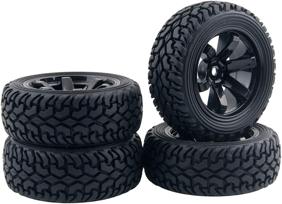 4PCS 75mm Rubber Tires and 6Spokes Plastic Wheel Rims Tyre for 1/10 RC On-Road Drift Racing Car 1:14 1:16 Rally Car for Tamiya Kyosho HPI HSP TT02 Upgrades Parts (Black) - color: Black