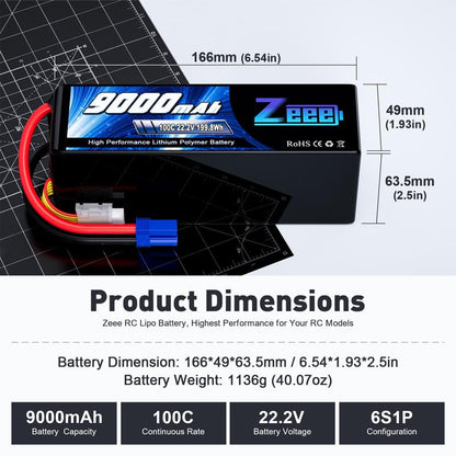 Zeee 6S Lipo Battery 9000mAh 22.2V 100C Soft Case RC Battery EC5 Connector with Metal Plates for RC Car Truck Desert Racer RC Tank RC Hobbies(2 Pack)