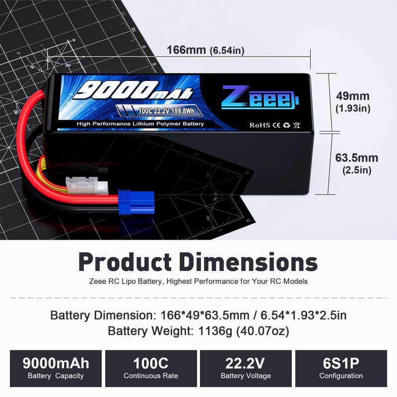 Zeee 6S Lipo Battery 9000mAh 22.2V 100C Soft Case RC Battery EC5 Connector with Metal Plates for RC Car Truck Desert Racer RC Tank RC Hobbies(2 Pack)