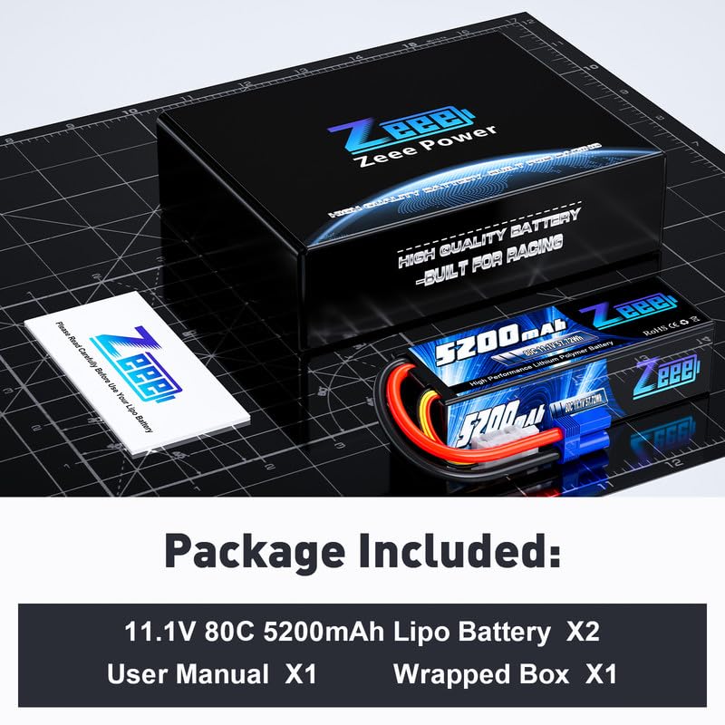 Zeee 3S Lipo Battery 5200mAh 11.1V 80C Hard Case RC Lipo with EC5 Connector for 1/5 1/8 1/10 RC Car Boat Truck Heli Airplane UAV Drone FPV Racing Models(2 Packs)