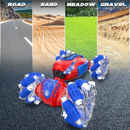 Gesture Sensing RC Stunt Car, Hand Controlled Remote Control Twist Cars | 4WD Remote Control Car with Lights, Music & Spinning Stunt, Birthday Toy Gift for Kids Boys Girls Age 6 7 8 9 10 11 12 - color: Red Blue