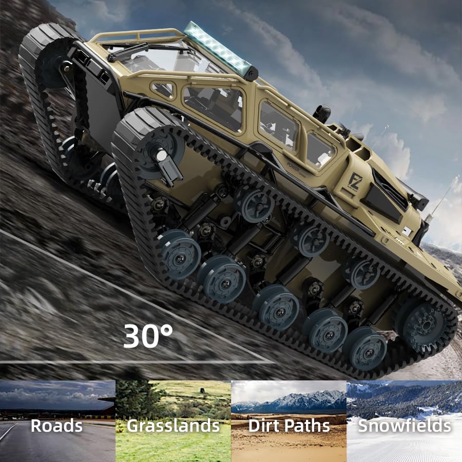 RC Tank Car, 1:16 Remote Control Crawler 10KM/H High Speed Tank, 2.4Ghz RC Rock Crawler Off-Road 4WD 360°Rotating Drifting Car with 2 Batteries, Military Truck Toy for Kids