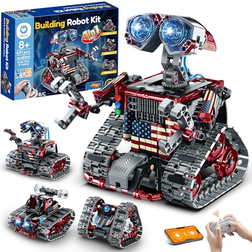 Sillbird Robot Building Kit STEM Gifts for Boys 8-12 with Remote Control | Coding Toys for Kids, Birthday Presents, App-Controlled, Build 4in1 Models, Rechargeable, Red Tracked Racer Car, 631 Pieces - color: 2-red