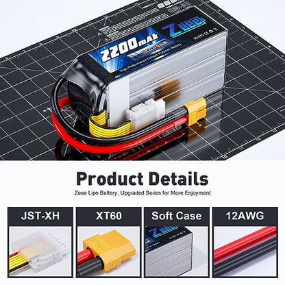 Zeee 6S Lipo Battery 2200mAh 22.2V 120C Soft Case Battery with XT60 Connector for RC Airplane Helicopter RC Car Truck Tank Drone Racing Hobby(2 Pack)