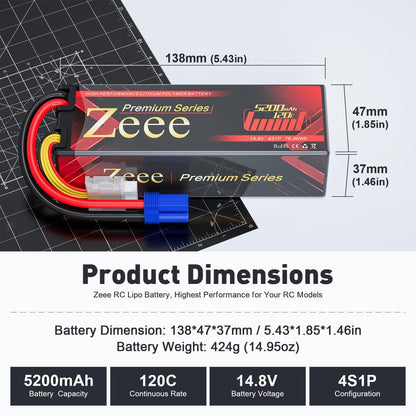 Zeee Premium Series 4S Lipo Battery 5200mAh LCG Hard Case Batttery Height 37mm 14.8V 120C with EC5 Connector for RC Car Truck Tank RC Buggy Truggy Racing Models (2 Pack)