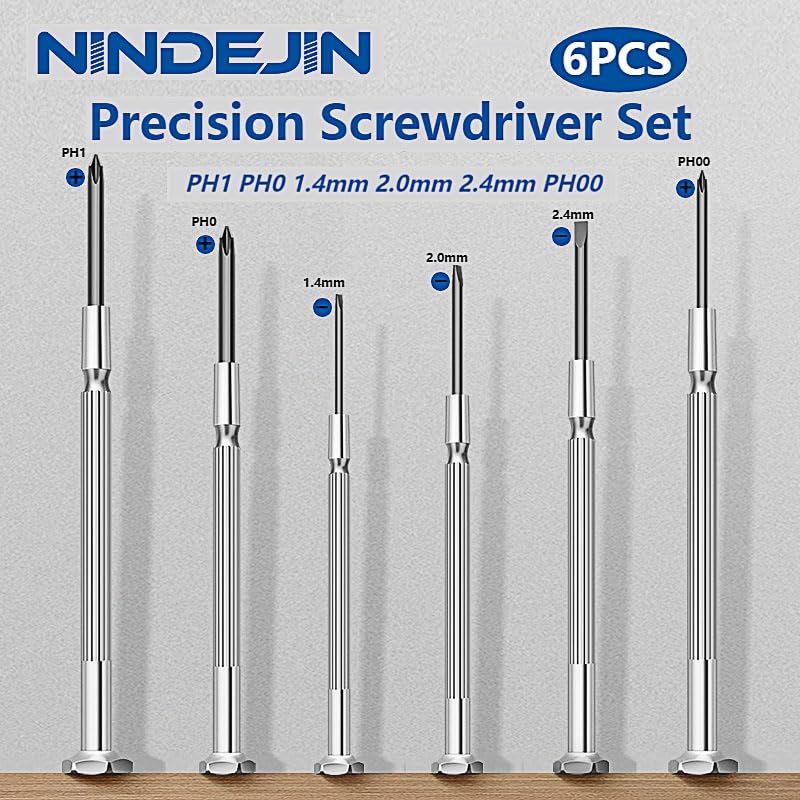 NINDEJIN 6PCS Precision Screwdriver Set, Flathead & Phillips Screw Repair Kit for Electronics & Small Items – Laptops, Watches, Phones, Computers, Doorbells, Toys, Glasses | Chrome Vanadium Steel, with Hardened Carbon Steel Shafts, Precision Screwdrivers,