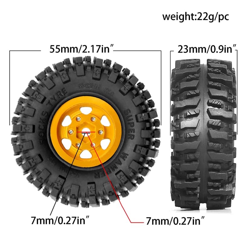 1.0"RC Aluminum Beadlock Wheel and Crawler Tires set (w/Foam Inserts Fit) 7mm Hex for 1/18 1/24 RC Crawler car Axial 90081 AX24 FCX24M FMS SCX24 (R246)