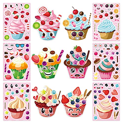 24 Sheets Make-a-face Cupcake Stickers Make Your Own Dessert Stickers | Mix and Match Sweets and Fruit Treats Party Favor Supplies for Kids Ice Cream Sticker Games Birthday DIY Art Crafts - style: Cupcake