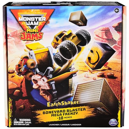 Monster Jam Mini Jams Earthshaker Boneyard Blaster Mega Frenzy Playset | 10 Mini Toy Trucks, Grave Digger, Blue Thunder & More, Hit Targets & Obstacle Courses, Pretend Play Gifts for Kids Ages 3+ - style: Mini Jams 10-Pack Playset