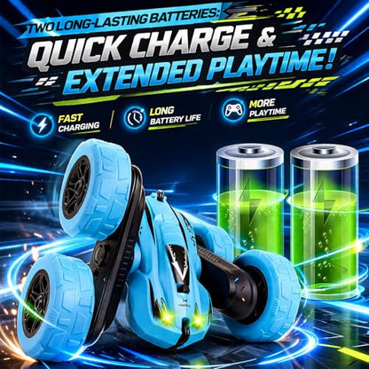 Remote Control Car for Kids, 360° Rotating Stunt Car, Double-Sided Driving, 2.4GHz RC Car with LED Headlights, Rechargeable All Terrain Toy, Extra 4 Green Wheels, Gift for Boys Girls Ages 4-8 6-12 - color: Blue+extra 4 Green Wheels