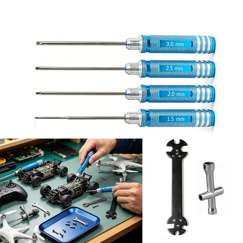 RC Car and Drone Repair Tools: 1.5, 2.0, 2.5, 3.0 mm Hex Screwdrivers, Socket Wrenches, and Small Adjustment Wrenches for Rods Suitable for: 1/5, 1/8, and 1/10 Scale Models (Blue 4-Piece Set)