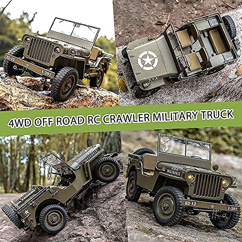FMS Rochobby RC Car 112 1941 MB Scaler Willys Jeep Remote Control Crawler Military Truck 4x4 Offroad Vehicle with Transmitter Battery and Charger, Small, RC12001RTR Hunter Green