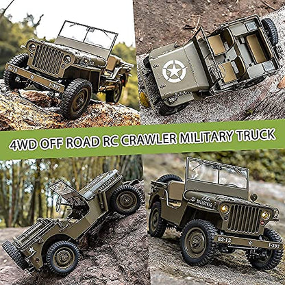FMS Rochobby RC Car 112 1941 MB Scaler Willys Jeep Remote Control Crawler Military Truck 4x4 Offroad Vehicle with Transmitter Battery and Charger, Small, RC12001RTR Hunter Green