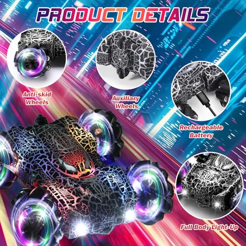 Gesture Sensing RC Stunt Car with LED Light Double Sided RC Cars Spider Toy | 2.4GHz 360 Rotating Hand Controlled Remote Control Car Rechargeable Indoor Outdoor Birthday Gift Boys Ages 4 to 12 - color: Dual Control Black