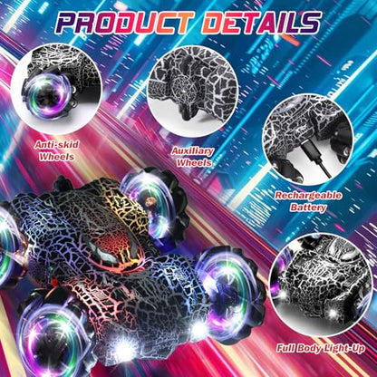 Gesture Sensing RC Stunt Car with LED Light Double Sided RC Cars Spider Toy | 2.4GHz 360 Rotating Hand Controlled Remote Control Car Rechargeable Indoor Outdoor Birthday Gift Boys Ages 4 to 12 - color: Dual Control Black