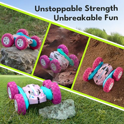 Threeking Pink Remote Control Cars RC Stunt Flip Car Crawler Toys Girls 6+ | Quick-Swap Modular Battery, Double-Sided Stunt RC Car, Durable, Auto Demo, Soft Lights – Gifts for Kids Ages 6-12 - color: Pink