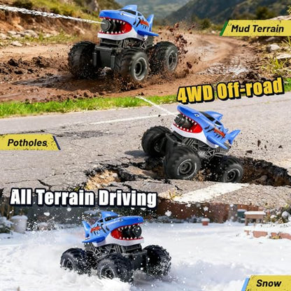 BOBXIN Amphibious Remote Control Shark Monster Truck Squirt Water,4WD All-Terrain Off-Road 2.4Ghz Waterproof RC Car Pool Water Toys for Kids Age 6+ Blue - color: Blue
