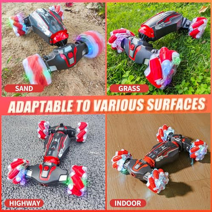 Gesture Sensor RC Stunt Car, RC Twist Car Toy for Kids 5-12 | Dual control: gesture watch + remote. 4WD all-terrain, 360° flip drift, light and music. Good birthday gift for the boy. - color: L-deep Red