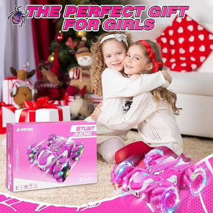 Spider Remote Control Car, Double Sided 360°Rotating USB Direct Charging RC Cars with Cool Lights, 2.4Ghz Drift RC Stunt Car, 360°Rotating 4WD Off-Road Race Toys for 4-12 Boy Girl Kids Gifts(Pink) - color: Pink