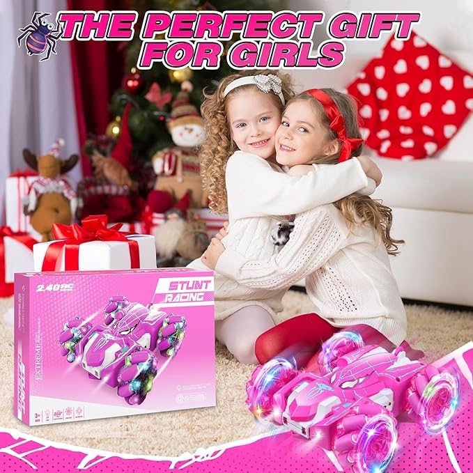 Spider Remote Control Car, Double Sided 360°Rotating USB Direct Charging RC Cars with Cool Lights, 2.4Ghz Drift RC Stunt Car, 360°Rotating 4WD Off-Road Race Toys for 4-12 Boy Girl Kids Gifts(Pink) - color: Pink