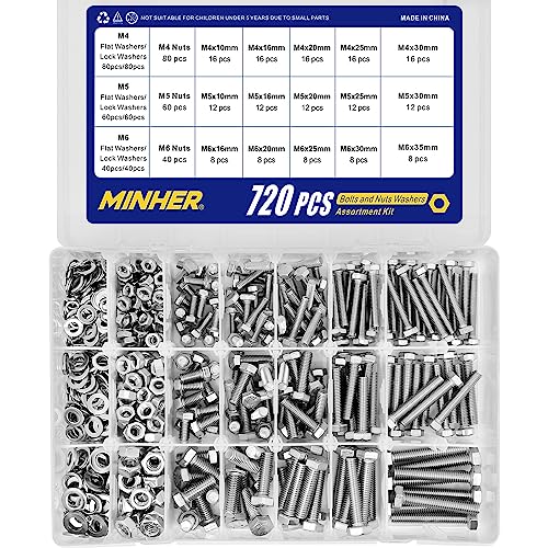 MINHER 720PCS M4 M5 M6 Bolts and Nuts Assortment Kit 304 Stainless Steel(18-8) Hex Screws Nuts & Washers, Includes 15 regular sizes