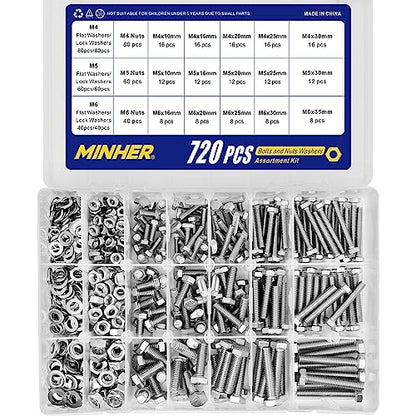 MINHER 720PCS M4 M5 M6 Bolts and Nuts Assortment Kit 304 Stainless Steel(18-8) Hex Screws Nuts & Washers, Includes 15 regular sizes