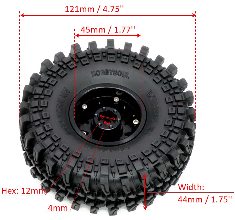 1.9 Tires Height 4.75" (121mm) Mounted on 1.9 Beadlock Wheels Black Fit 1/10 Crawler Redcat Gen8 Traxxas TRX-4 Tamiay CC01 Axial SCX10 Mud Crawler Badland Terrain, (4-Pack, Assembled) - color: Black