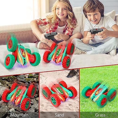 2Pcs Christmas Style RC Stunt Car for Kids,2.4Ghz High Speed Rock Crawler Vehicle,360 Rotating 4WD Off Road Double Sided Rotating Tumbling with 4 Rechargeable Battery，Red+Green