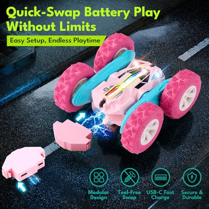 Threeking Pink Remote Control Cars RC Stunt Flip Car Crawler Toys Girls 6+ | Quick-Swap Modular Battery, Double-Sided Stunt RC Car, Durable, Auto Demo, Soft Lights – Gifts for Kids Ages 6-12 - color: Pink