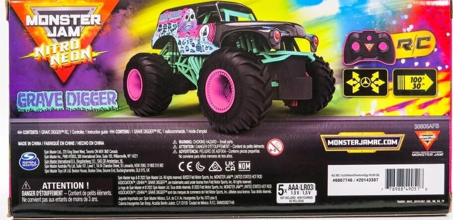 Monster Jam Nitro Neon Grave Digger 1:24 Scale RC Truck – Full-Function Remote Control Monster Truck (Official Spin Master)