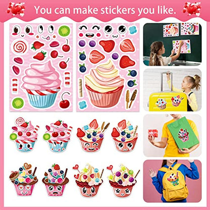 24 Sheets Make-a-face Cupcake Stickers Make Your Own Dessert Stickers | Mix and Match Sweets and Fruit Treats Party Favor Supplies for Kids Ice Cream Sticker Games Birthday DIY Art Crafts - style: Cupcake