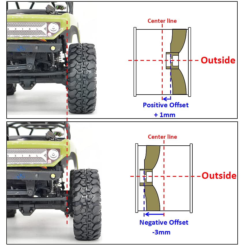 Adjustable Offset RC 1.0 Wheels and Tires, 1/24 Tires & Heavy 1.0 Beadlock Wheels Silver for 1:24 RC Crawler Axial SCX24 Upgrade & Other 1/24 Crawler Truck,(4-Pack, Assembled) - color: Silver