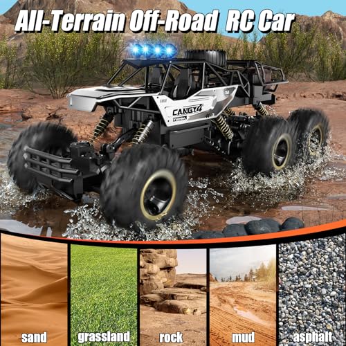 RC Cars, Remote Control Monster Truck - Rock Crawler RC Truck with 2 Rechargeable Batteries, Metal Body, Large Size & LED Headlights, Boy Toys for Kids Ages 4-7 8-12 Birthday Gifts - color: 6 Wheels Silver