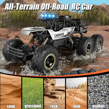RC Cars, Remote Control Monster Truck - Rock Crawler RC Truck with 2 Rechargeable Batteries, Metal Body, Large Size & LED Headlights, Boy Toys for Kids Ages 4-7 8-12 Birthday Gifts - color: 6 Wheels Silver