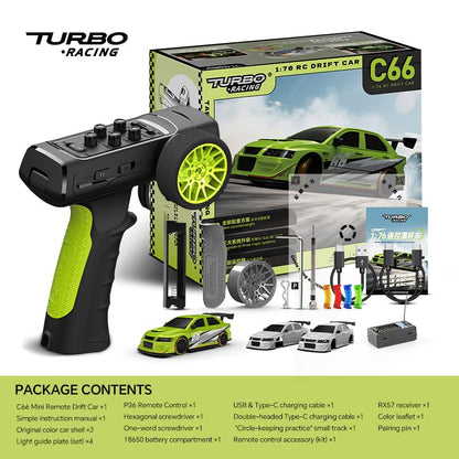 Turbo Racing 1:76 Scale Drift RC Car, Mini Table Racing Model Car with 2.4G Remote Control & Gyro Full Proportional RTR for Adults Hobby Toys Gifts (C66-Green) - style: C66-Green