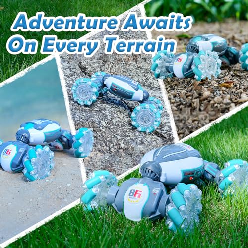 PREPOP Gesture Sensing RC Stunt Car, Birthday for Age 6 7 8-12 13+ Year Old Boys - Cool Toys for Kids, Hand Controlled Remote Control Twist Vehicle with Lights & Music, 4WD Rotating - color: White Grey Blue