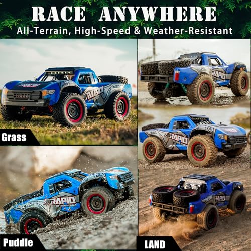 RC Cars 1:14 RC Truck 30 MPH 4WD Remote Control Car All Terrain Trophy Car for Adults Boys Teens Fast Off-Road RC Buggy Big Short Course Monster Truck with 2 Batteries 50 Mins Play (RTR) - color: 130-blue