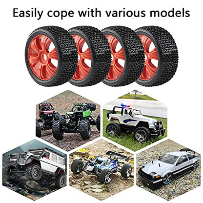 1/8 Buggy Tires and Wheels 17mm Hex with Adapters - 114mm OD Off-Road RC Tires Compatible with Arrma Typhon, Traxxas, Redcat, HSP - Includes Nuts & Wrench (Red) - color: Red 6 Spokes