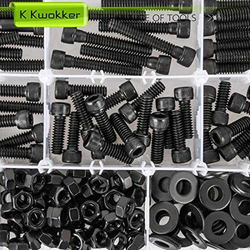 1/4 20 Bolt and Nuts, with Washers for Screws, Hex Socket Head Screws 7 Lengths are 2", 1-1/2", 1-1/4", 1", 3/4", 5/8", 1/2", 12.9 Grade Alloy Steel, 220Pcs, Black, Full Machine UNC Thread | 12.9 Grade Black UNC Thread Machine Bolts w/ Washers, 12.9 2", 1