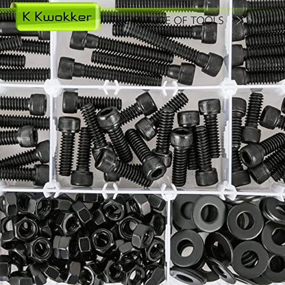 1/4 20 Bolt and Nuts, with Washers for Screws, Hex Socket Head Screws 7 Lengths are 2", 1-1/2", 1-1/4", 1", 3/4", 5/8", 1/2", 12.9 Grade Alloy Steel, 220Pcs, Black, Full Machine UNC Thread | 12.9 Grade Black UNC Thread Machine Bolts w/ Washers, 12.9 2", 1
