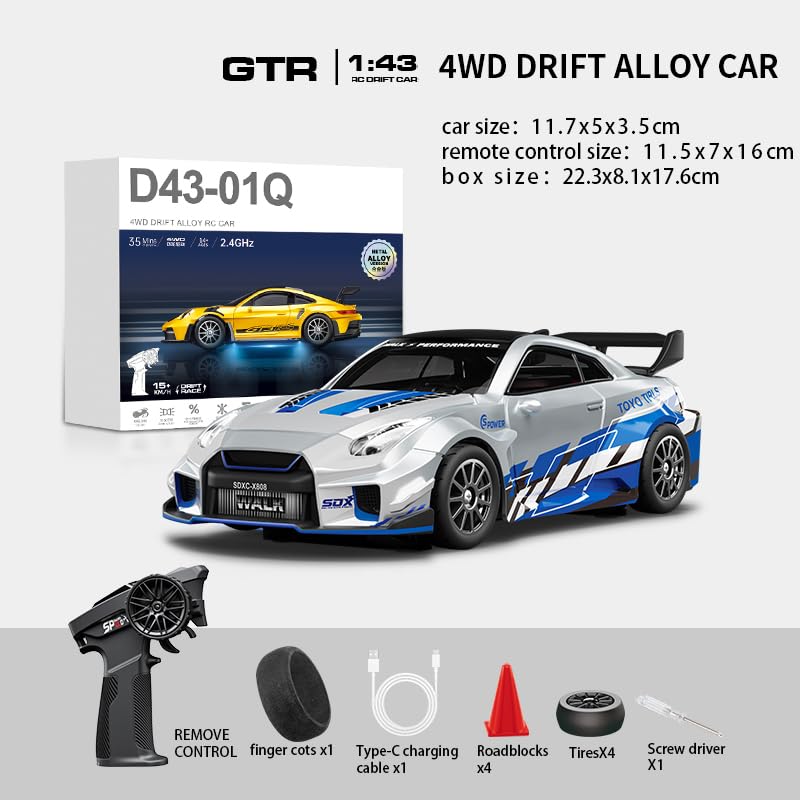 1:43 RC Drift Car 20KM/H with Gyro, 2.4G 4WD Full Proportional Alloy Sport Racing Car, Adjustable Speed, LED Lighting for Teens & Adults-D43-02 - color: Q5/Liquid Silver