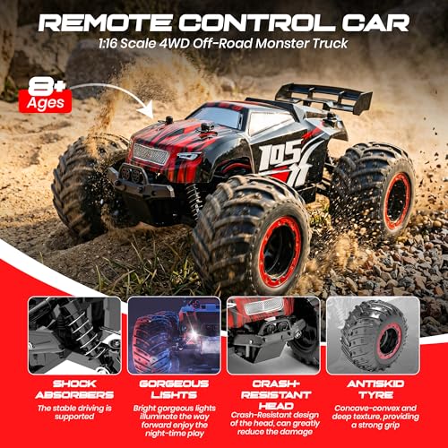 Remote Control Car, 2.4GHz high Speed 20km/H, 1:16 Scale 4 * 4 Off-Road RC Truck, High Speed All-Terrain Racing Vehicle with 2*Rechargeable Batteries, LED Lights, Gifts for Kids & Adults