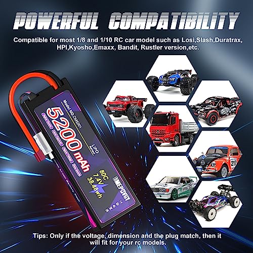 7.4V Lipo Battery 2S 5200mAh 80C Lipos Hard Case with T Connector for RC Car Trucks 1/8 1/10 RC Vehicles(2 Packs) - color: T